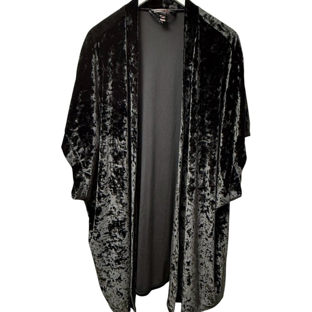 Victoria's Secret Black Velvet Top M/L Open Front Shrug Robe Stretch Kimono